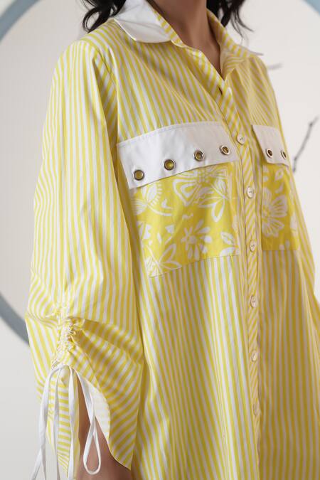 Surabhi Arya_Yellow Poplin Collared Striped Designer Dress _at_Aza_Fashions