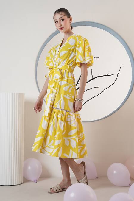 Buy_Surabhi Arya_Yellow Poplin V-neck Printed Midi Dress _Online_at_Aza_Fashions