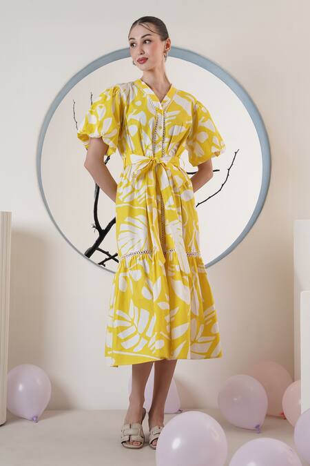 Shop_Surabhi Arya_Yellow Poplin V-neck Printed Midi Dress _Online_at_Aza_Fashions