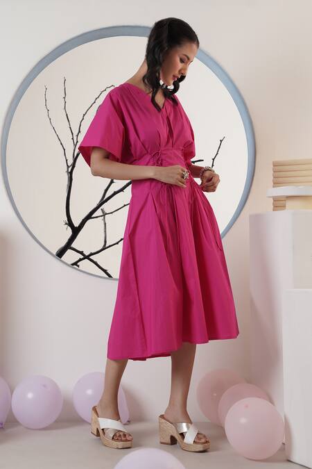 Buy_Surabhi Arya_Pink Poplin V-neck Hot Midi Dress _Online_at_Aza_Fashions