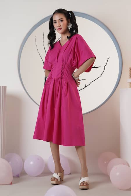 Surabhi Arya_Pink Poplin V-neck Hot Midi Dress _at_Aza_Fashions