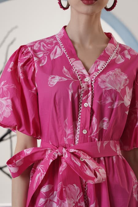 Surabhi Arya_Pink Poplin Collared Floral Print Midi Dress _Online_at_Aza_Fashions