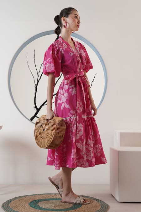 Buy_Surabhi Arya_Pink Poplin Collared Floral Print Midi Dress _Online_at_Aza_Fashions