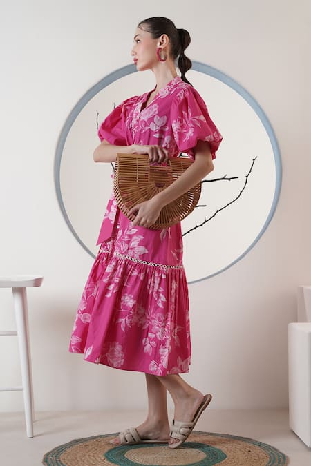 Shop_Surabhi Arya_Pink Poplin Collared Floral Print Midi Dress _Online_at_Aza_Fashions