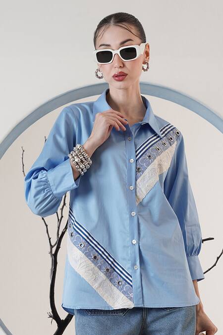 Buy_Surabhi Arya_Sky Blue Poplin Lace Collared Designer Shirt _Online_at_Aza_Fashions