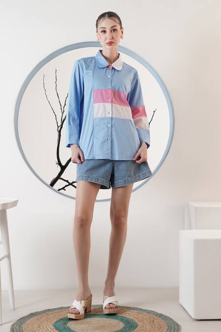Surabhi Arya_Sky Blue Poplin Collared Color Block Shirt _Online_at_Aza_Fashions