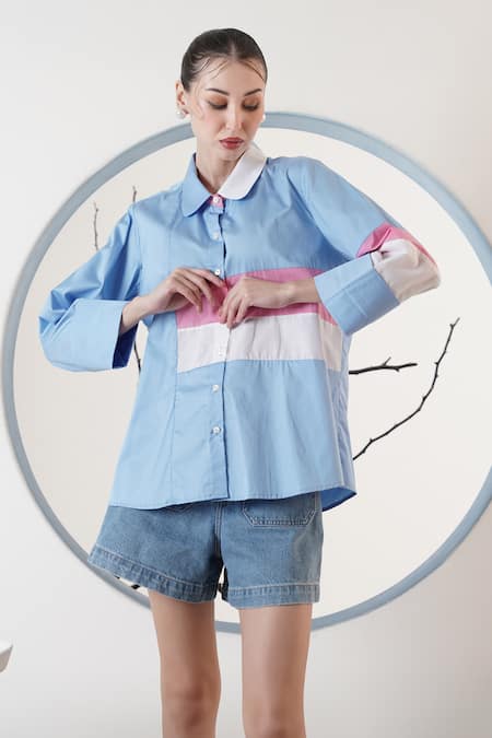 Buy_Surabhi Arya_Sky Blue Poplin Collared Color Block Shirt _Online_at_Aza_Fashions
