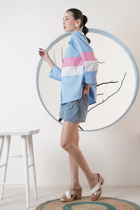 Shop_Surabhi Arya_Sky Blue Poplin Collared Color Block Shirt _Online_at_Aza_Fashions