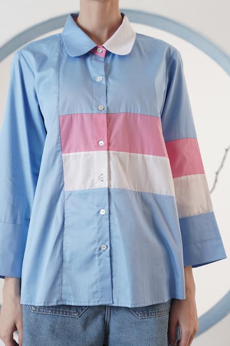 Surabhi Arya_Sky Blue Poplin Collared Color Block Shirt _at_Aza_Fashions