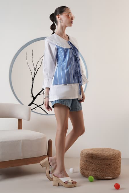 Surabhi Arya_Sky Blue Poplin Round Neck Striped Designer Shirt _Online_at_Aza_Fashions