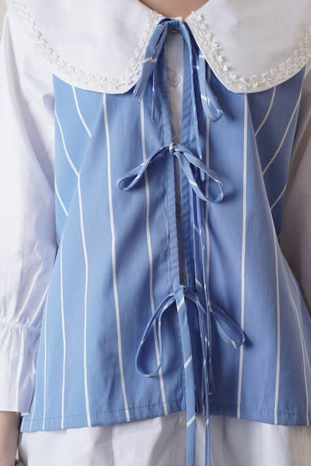 Surabhi Arya_Sky Blue Poplin Round Neck Striped Designer Shirt _at_Aza_Fashions