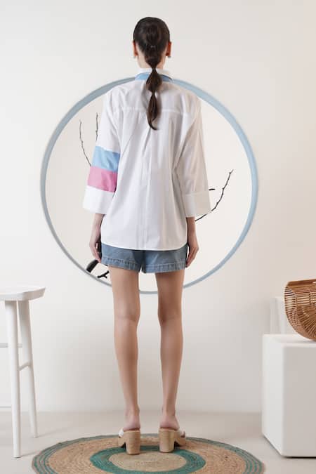 Shop Surabhi Arya White Poplin Collared Color Block Shirt at Aza Fashions Shop_Surabhi Arya_White Poplin Collared Color Block Shirt _at_Aza_Fashions