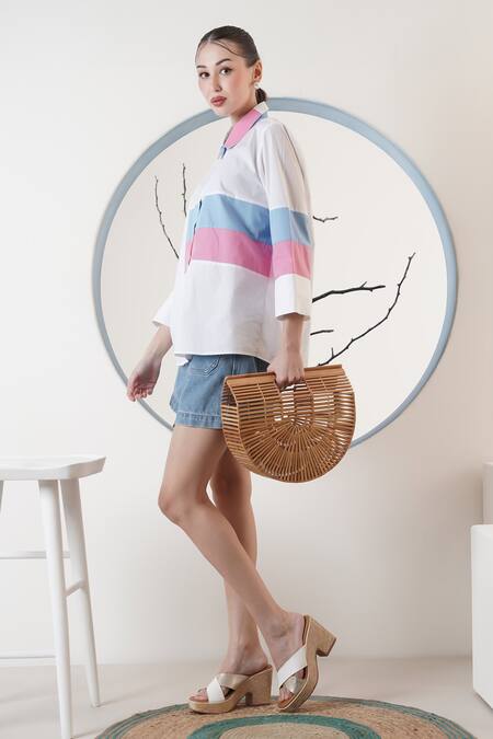 Surabhi Arya White Poplin Collared Color Block Shirt Online at Aza Fashions Surabhi Arya_White Poplin Collared Color Block Shirt _Online_at_Aza_Fashions