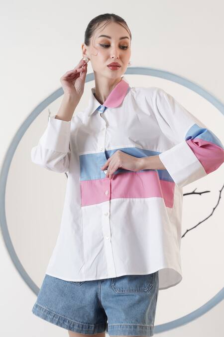 Shop Surabhi Arya White Poplin Collared Color Block Shirt Online at Aza Fashions Shop_Surabhi Arya_White Poplin Collared Color Block Shirt _Online_at_Aza_Fashions