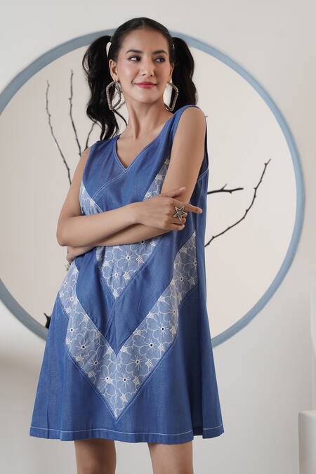 Shop_Surabhi Arya_Cobalt Poplin Embroidery V-neck Blue Short Dress _Online_at_Aza_Fashions