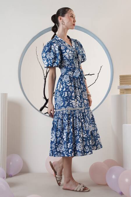 Surabhi Arya Blue Poplin V-neck Floral Print Midi Dress Online at Aza Fashions Surabhi Arya_Blue Poplin V-neck Floral Print Midi Dress _Online_at_Aza_Fashions