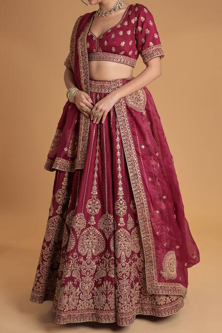 Samyukta Singhania Maroon Silk, Organza Embroidery, Sequins Classic Lehenga Set Online at Aza Fashions Samyukta Singhania_Maroon Silk, Organza Embroidery, Sequins Classic Lehenga Set_Online_at_Aza_Fashions