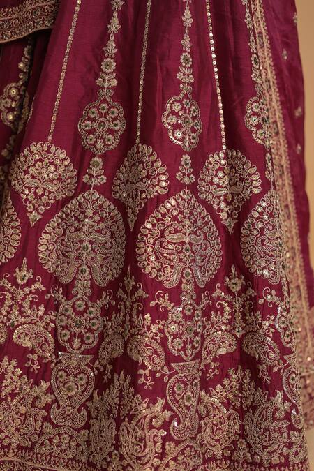 Shop Samyukta Singhania Maroon Silk, Organza Embroidery, Sequins Classic Lehenga Set Online at Aza Fashions Shop_Samyukta Singhania_Maroon Silk, Organza Embroidery, Sequins Classic Lehenga Set_Online_at_Aza_Fashions