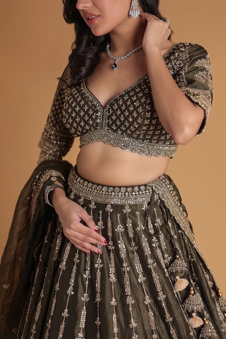 Samyukta Singhania_Green Silk, Organza Sequins, Tassels, Embroidery Dark Lehenga Set_Online_at_Aza_Fashions