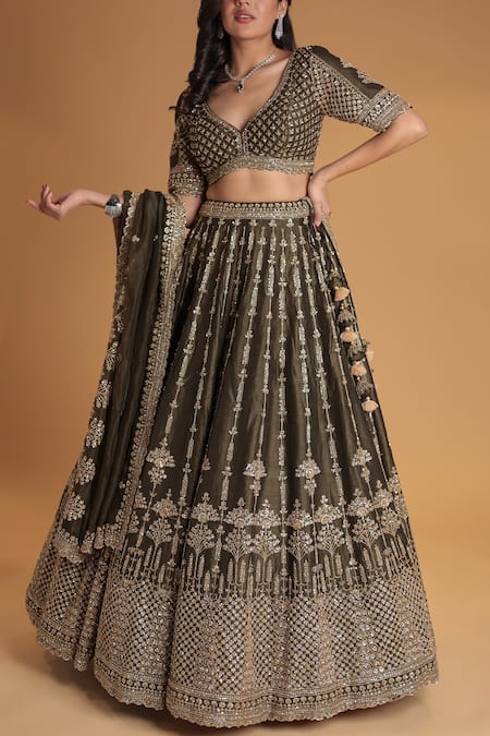 Shop_Samyukta Singhania_Green Silk, Organza Sequins, Tassels, Embroidery Dark Lehenga Set_Online_at_Aza_Fashions