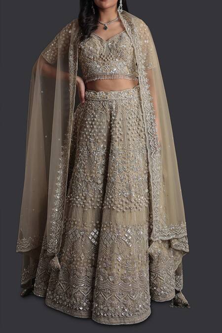 Samyukta Singhania_Brown Net Sequins, Beads, Embroidery Sweetheart Neck Classic Lehenga Set_Online_at_Aza_Fashions