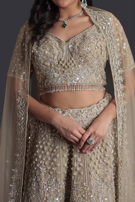 Buy_Samyukta Singhania_Brown Net Sequins, Beads, Embroidery Sweetheart Neck Classic Lehenga Set_Online_at_Aza_Fashions