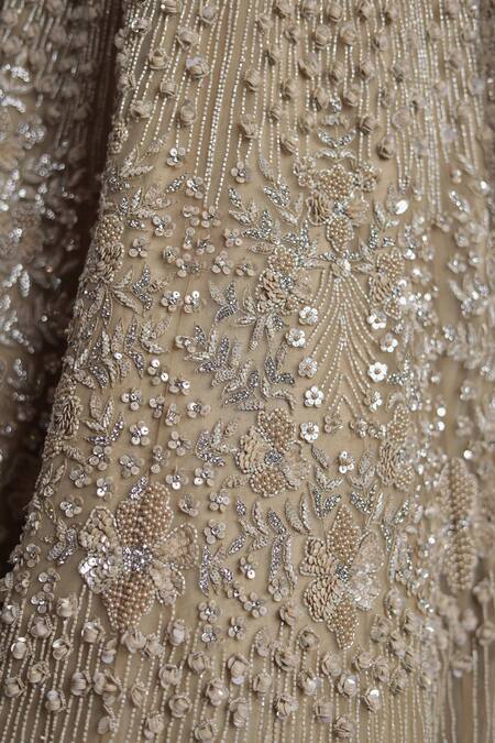 Buy_Samyukta Singhania_Brown Net Sequins, Beads, Embroidery Sweetheart Neck Classic Lehenga Set