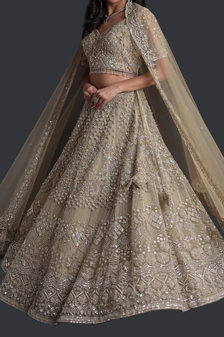 Shop_Samyukta Singhania_Brown Net Sequins, Beads, Embroidery Sweetheart Neck Classic Lehenga Set