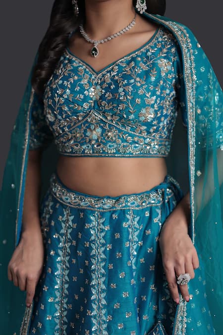 Samyukta Singhania_Blue Silk, Net Sequins, Zari, Embroidery Dark Classic Lehenga Set_Online_at_Aza_Fashions
