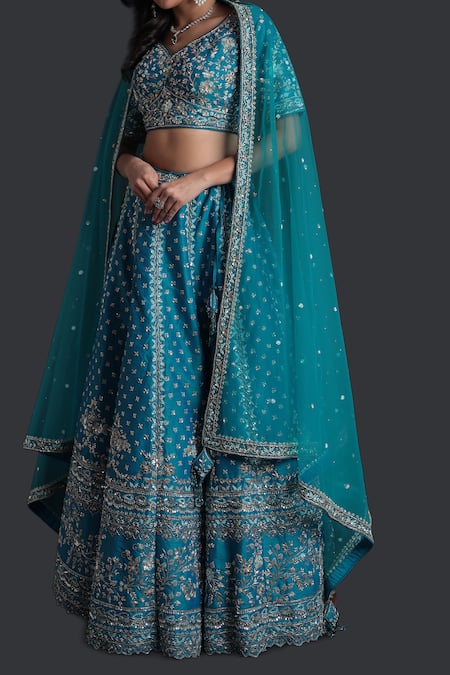 Buy_Samyukta Singhania_Blue Silk, Net Sequins, Zari, Embroidery Dark Classic Lehenga Set_Online_at_Aza_Fashions