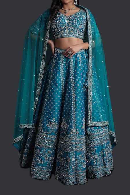 Shop_Samyukta Singhania_Blue Silk, Net Sequins, Zari, Embroidery Dark Classic Lehenga Set_Online_at_Aza_Fashions