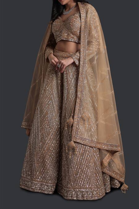 Samyukta Singhania_Gold Net Sequins, Embroidery Sweetheart Neck Classic Lehenga Set_Online_at_Aza_Fashions