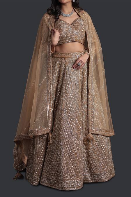 Buy_Samyukta Singhania_Gold Net Sequins, Embroidery Sweetheart Neck Classic Lehenga Set_Online_at_Aza_Fashions