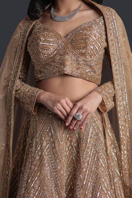 Shop_Samyukta Singhania_Gold Net Sequins, Embroidery Sweetheart Neck Classic Lehenga Set_Online_at_Aza_Fashions
