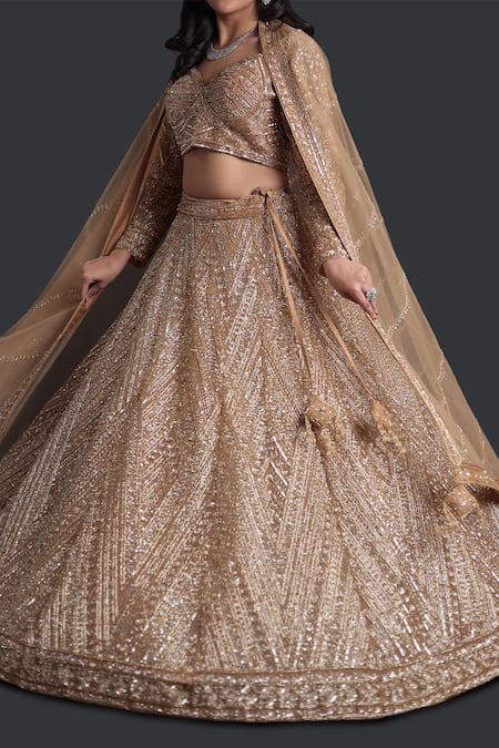 Samyukta Singhania_Gold Net Sequins, Embroidery Sweetheart Neck Classic Lehenga Set_at_Aza_Fashions