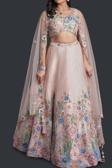 Samyukta Singhania Peach Organza, Net Beads, Sequins, Embroidery Classic Lehenga Set Online at Aza Fashions Samyukta Singhania_Peach Organza, Net Beads, Sequins, Embroidery Classic Lehenga Set_Online_at_Aza_Fashions