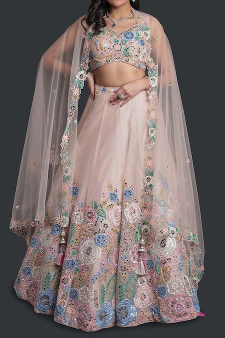 Samyukta Singhania Peach Organza, Net Beads, Sequins, Embroidery Classic Lehenga Set at Aza Fashions Samyukta Singhania_Peach Organza, Net Beads, Sequins, Embroidery Classic Lehenga Set_at_Aza_Fashions