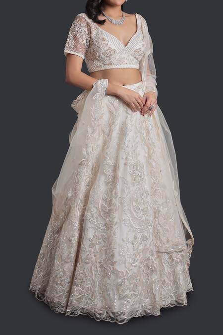 Samyukta Singhania_Cream Net Beads, Embroidery, Sequins Lehenga Set_Online_at_Aza_Fashions