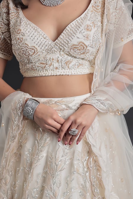 Shop_Samyukta Singhania_Cream Net Beads, Embroidery, Sequins Lehenga Set_Online_at_Aza_Fashions
