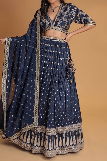 Buy_Samyukta Singhania_Blue Silk, Georgette Embroidery, Sequins V-neck Geometric Pattern Lehenga Set_Online_at_Aza_Fashions