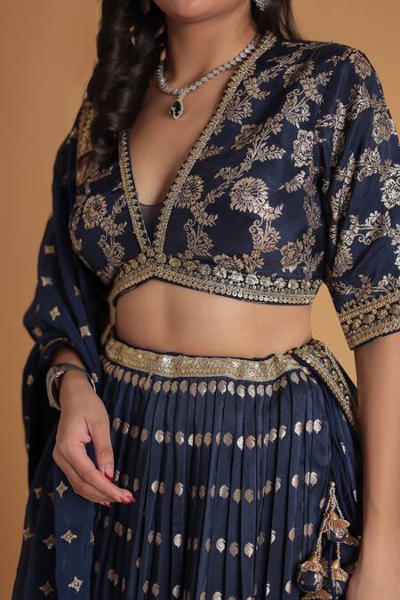Shop_Samyukta Singhania_Blue Silk, Georgette Embroidery, Sequins V-neck Geometric Pattern Lehenga Set_Online_at_Aza_Fashions