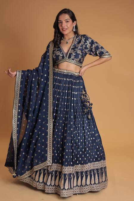 Buy_Samyukta Singhania_Blue Silk, Georgette Embroidery, Sequins V-neck Geometric Pattern Lehenga Set