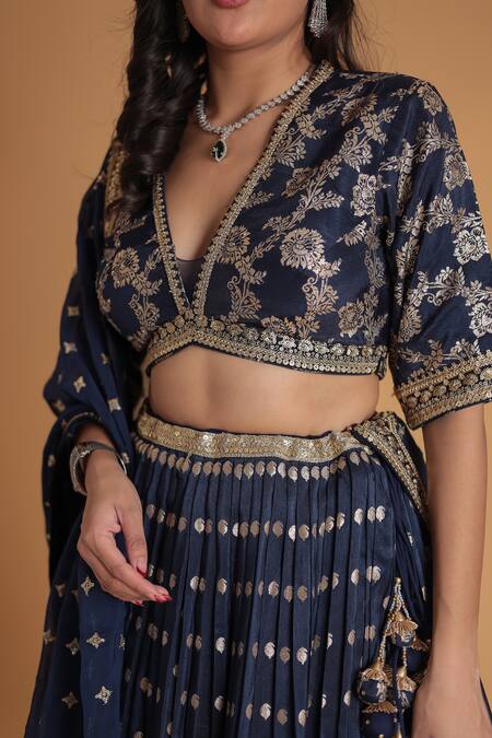 Shop_Samyukta Singhania_Blue Silk, Georgette Embroidery, Sequins V-neck Geometric Pattern Lehenga Set
