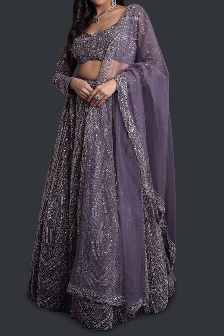 Samyukta Singhania_Purple Net Sequins, Embroidery Round Neck Embellished Classic Lehenga Set_Online_at_Aza_Fashions