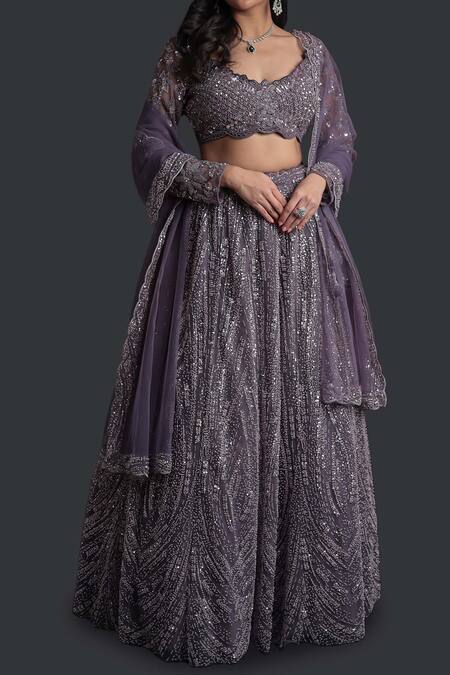 Buy_Samyukta Singhania_Purple Net Sequins, Embroidery Round Neck Embellished Classic Lehenga Set_Online_at_Aza_Fashions