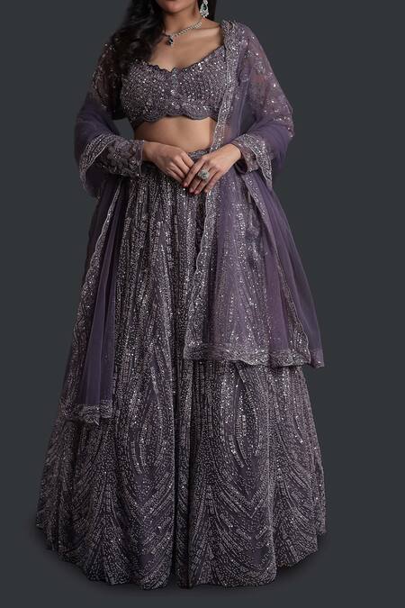 Shop_Samyukta Singhania_Purple Net Sequins, Embroidery Round Neck Embellished Classic Lehenga Set_Online_at_Aza_Fashions