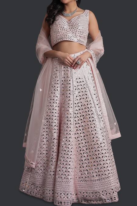 Samyukta Singhania_Pink Silk, Net Mirrors, Tassels Light Embroidered Lehenga Set_at_Aza_Fashions