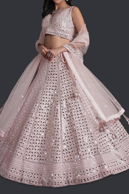 Shop_Samyukta Singhania_Pink Silk, Net Mirrors, Tassels Light Embroidered Lehenga Set