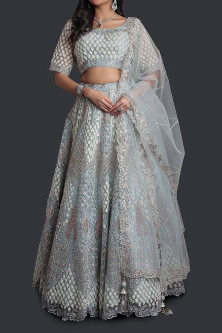Samyukta Singhania_Blue Net Embroidery, Sequins Round Neck Light Classic Lehenga Set_Online_at_Aza_Fashions