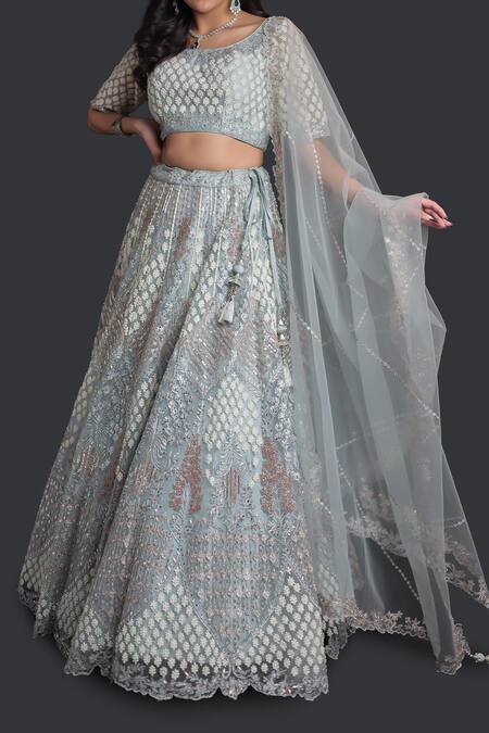 Buy_Samyukta Singhania_Blue Net Embroidery, Sequins Round Neck Light Classic Lehenga Set_Online_at_Aza_Fashions